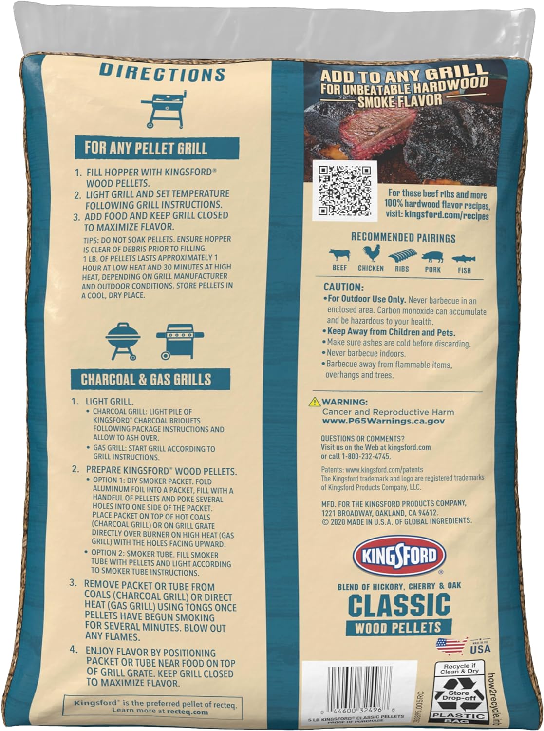 Kingsford Gránulos de madera clásica, 100% natural de nogal, roble y madera de cerezo para asar 5 libras (el paquete puede variar)